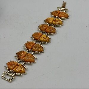 Coro Gold and Orange Floral Egyptian confetti lucite gold tone Bracelet 6.75 In